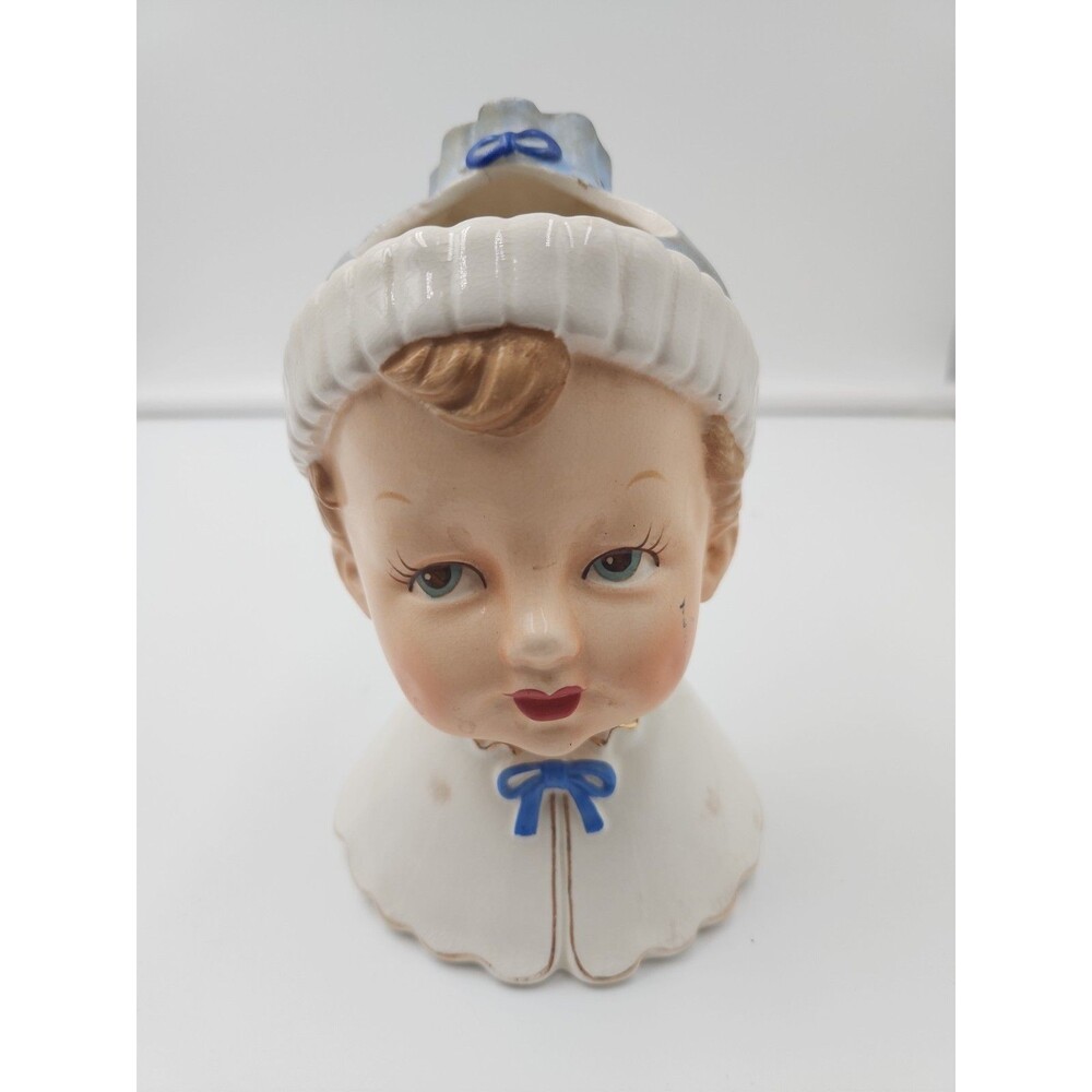 Vintage Relpo Japan Dimpled Baby Boy Ceramic Head Vase w/ Blue Hat